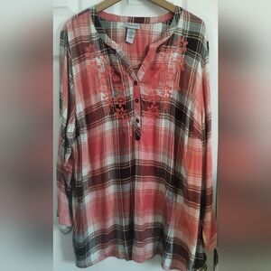 Plus Size Catherines Coral Plaid Shirt With Embroidery Detailing